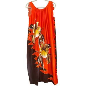 VTG Hawaiin Hibiscus Dress Long Lounge Cover Up Orange Yellow Black Women